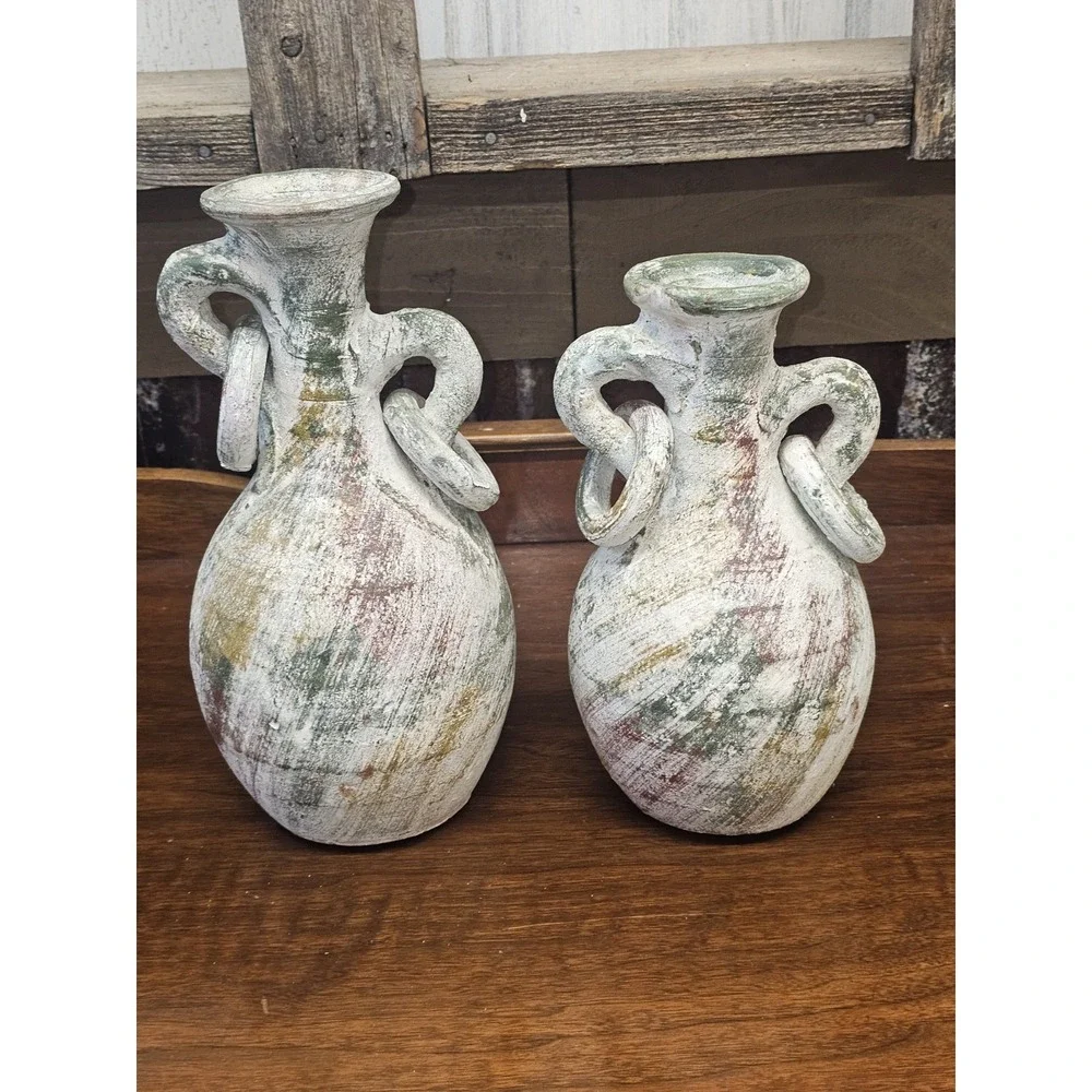 Vintage Mexican Terracotta Pottery Collectible Vases With Brass Embelishment 2pc